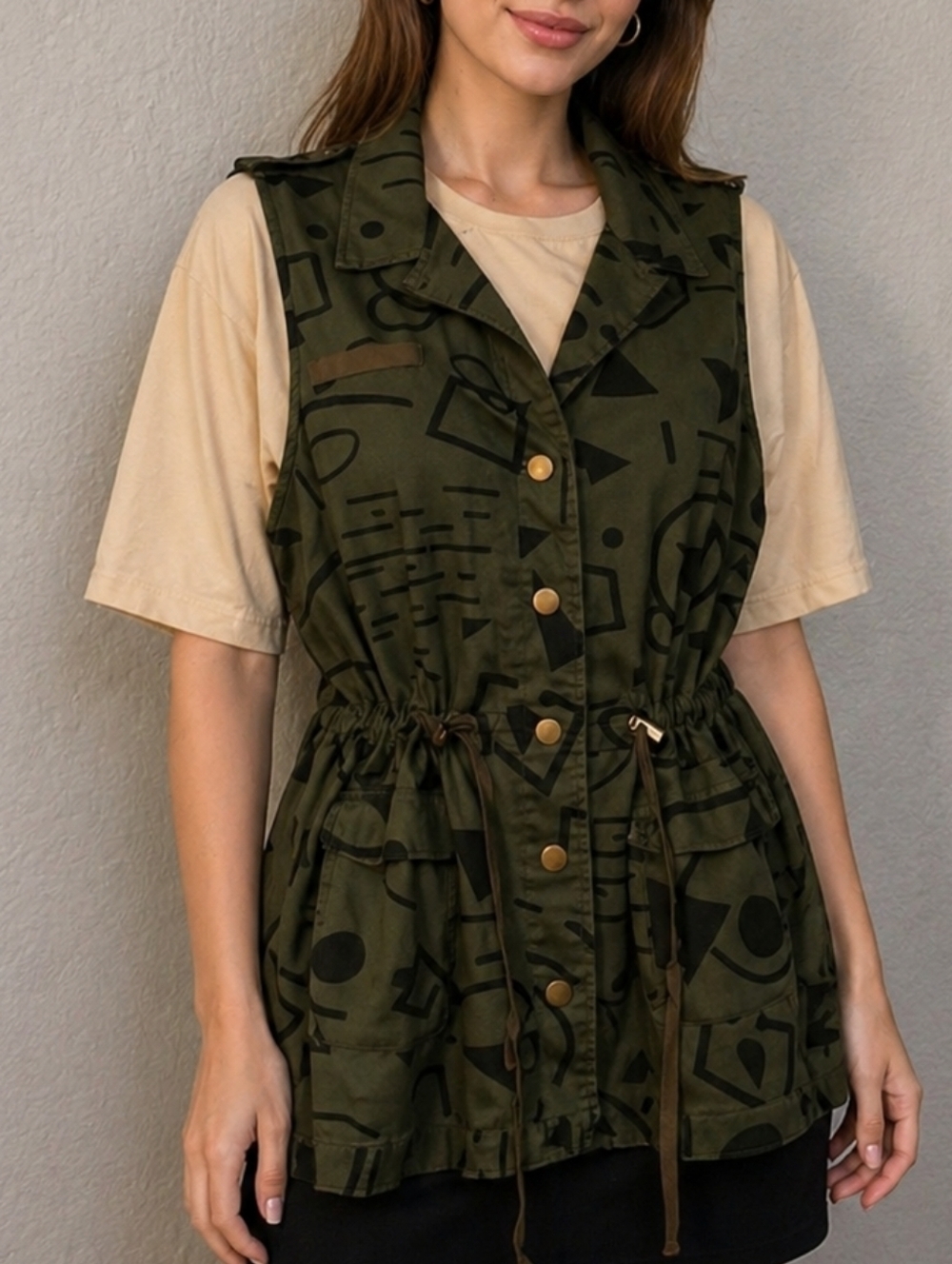 Vtg FOREVER 21 Army Green Abstract   Geometric Military Utility Vest